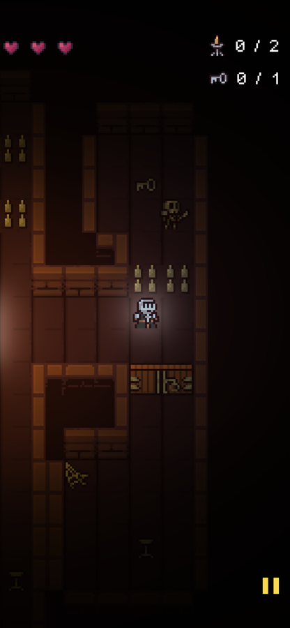 Light Ahead gameplay: the hero explores a brick dungeon lit by a single torch, with a skeleton patrolling above and two torches left to light