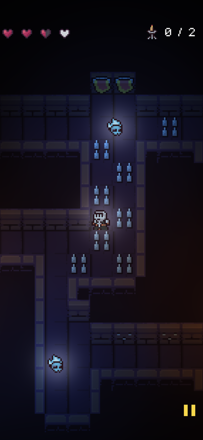Light Ahead gameplay: a cold blue crypt where two glowing ghosts drift through the corridors