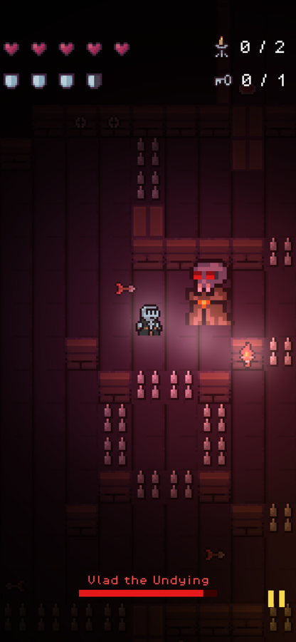 Light Ahead boss fight against Vlad the Undying, a red-eyed vampire firing arrows across a crimson chamber