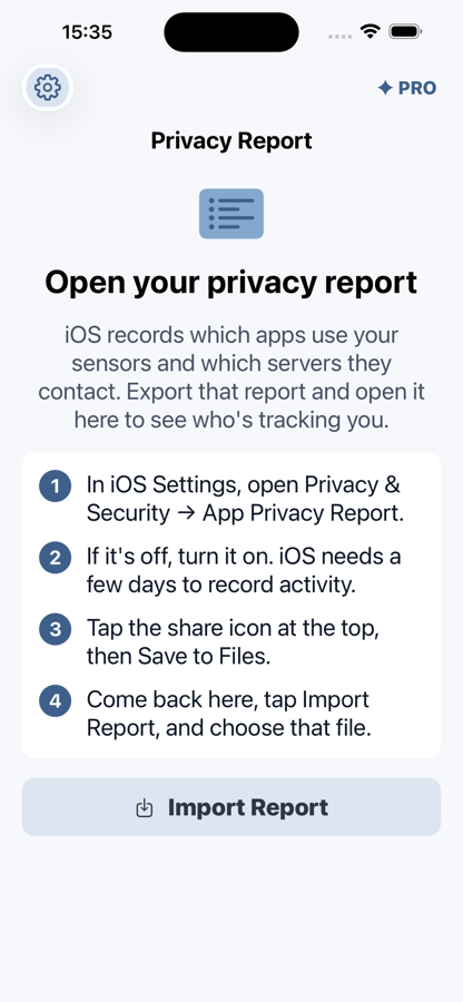 The import screen, listing the four steps for exporting Apple's App Privacy Report from iOS Settings